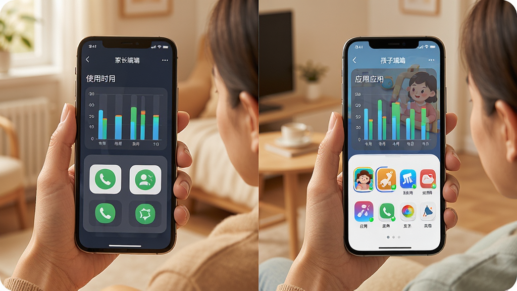 一张展示家长管家远程管控功能的示意图,主体为家长手持手机查看孩子设备状态,布局为左右分屏,左侧显示家长端控制界面,右侧显示孩子端手机界面,风格温馨科技感,细节上屏幕中有使用时长柱状图和应用图标,画质高清,干净,无多余元素