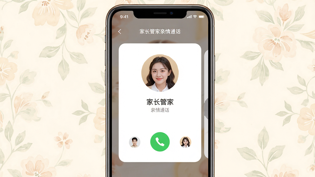 一张展示家长管家亲情通话界面的图片,主体为手机屏幕显示通话界面与联系人头像,布局为居中卡片式,风格温暖亲切,细节上头像有圆形边框,通话按钮为绿色,背景有淡雅花纹,画质高清,干净,无多余元素