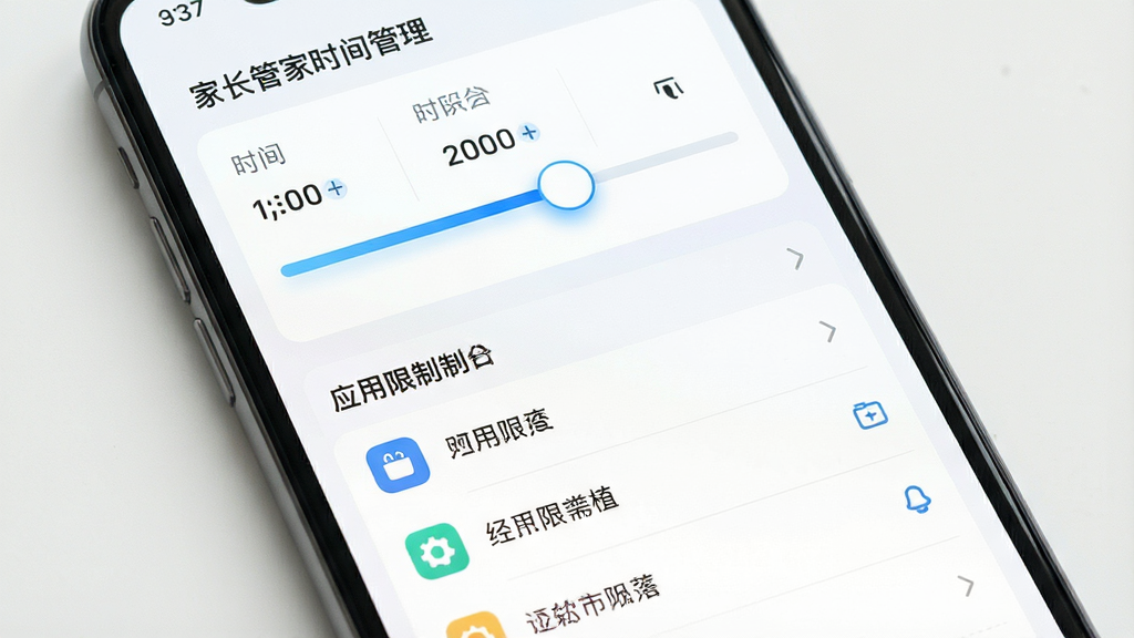 一张展示家长管家时间管理界面的图片,主体为手机屏幕显示时间设置面板,布局为上下结构,上方为时间段选择滑块,下方为应用限制列表,风格清新明快,细节上滑块带有蓝色渐变,列表图标简洁,画质高清,干净,无多余元素