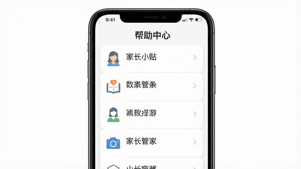 一张展示家长管家使用小贴士的示意图,主体为手机屏幕显示帮助中心页面,布局为列表式,风格简洁清晰,细节上每个条目有图标和简短文字,背景为白色,画质高清,干净,无多余元素