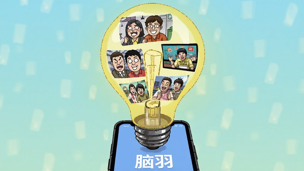 一个巨大的创意灯泡悬浮在手机上方,灯泡内投射出多个搞笑视频画面,手机屏幕显示“脑羽”应用,主体居中,横向构图,插画风格,色彩明亮,细节丰富,高清画质,干净无多余元素