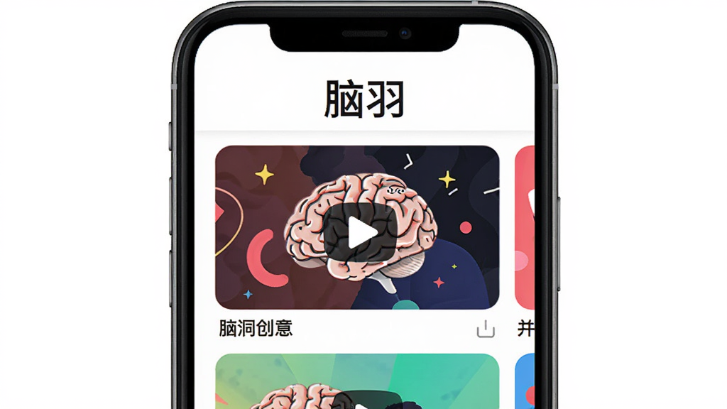 手机屏幕中展示脑羽应用主界面,顶部有“脑羽”文字标识,下方排列多个脑洞创意视频封面卡片,画面色彩丰富活泼,主体居中,竖版手机布局,扁平化UI风格,细节清晰,高清画质,干净无多余元素