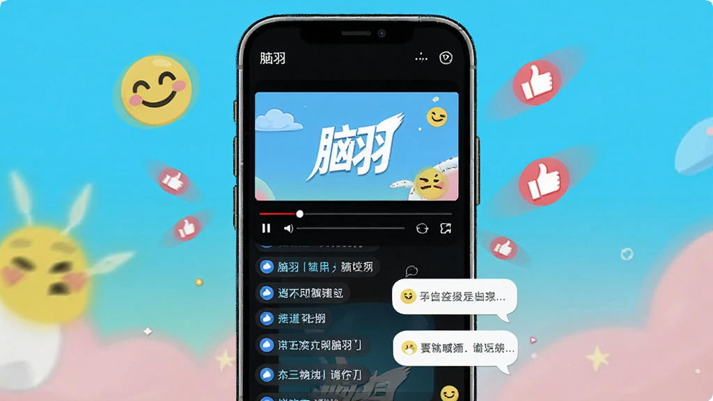 手机屏幕中显示“脑羽”视频播放界面,下方弹幕飘过,评论区气泡弹出,周围有笑脸和点赞图标环绕,主体居中,竖版手机布局,卡通风格,色彩活泼,高清画质,干净无多余元素