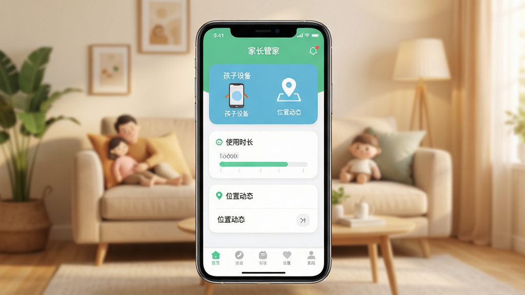 家长管家软件主界面预览图,画面中央展示一部智能手机,屏幕内呈现家长管家应用首页布局,包含“孩子设备”“使用时长”“位置动态”等功能卡片,背景为温馨家庭客厅场景,整体色调柔和清新,布局简洁清晰,风格为扁平化UI展示风格,细节包含圆角图标、状态栏、底部导航栏,画质高清,干净无多余元素
