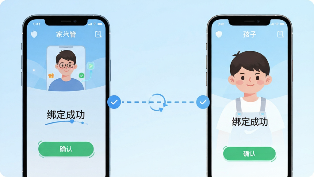 家长管家双向绑定功能展示图,画面左侧为家长手机界面,右侧为孩子手机界面,中间以虚线连接表示绑定关系,屏幕内显示“绑定成功”状态,背景为淡蓝色渐变,布局左右对称,风格为科技感扁平插画,细节包含设备图标、连接线、确认按钮,画质高清,干净无多余元素