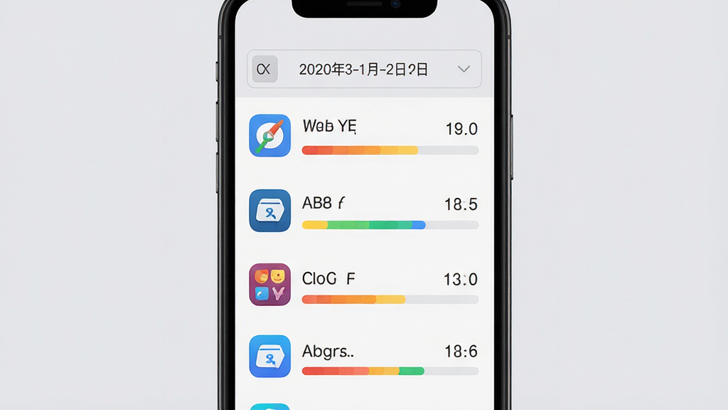 家长管家应用使用记录界面图,画面展示手机屏幕内应用使用时长排行列表,包含多个应用图标与对应时长条状图,顶部有日期选择栏,背景为浅灰色,布局为纵向列表,风格为简约数据可视化,细节包含彩色进度条、应用图标、时间标签,画质高清,干净无多余元素