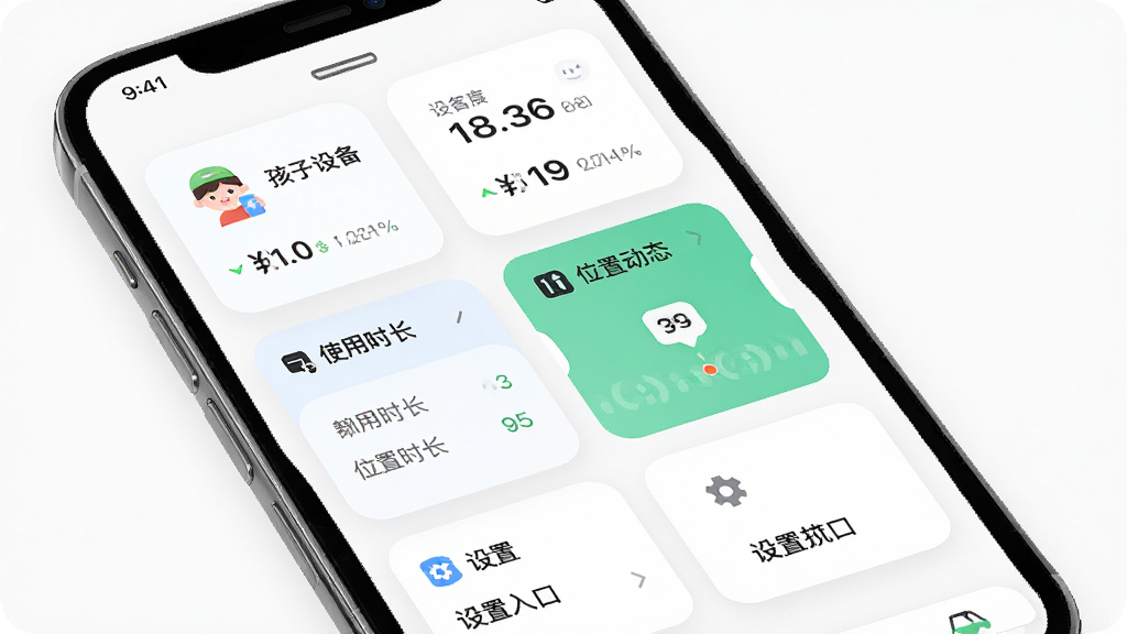 家长管家家长端界面功能分区图,画面展示一部手机屏幕内家长管家首页布局,上方为孩子设备状态卡片,中部为使用时长与位置动态模块,下方为设置入口,背景为白色,布局为卡片式网格,风格为现代简约UI,细节包含圆角卡片、图标、文字标签,画质高清,干净无多余元素