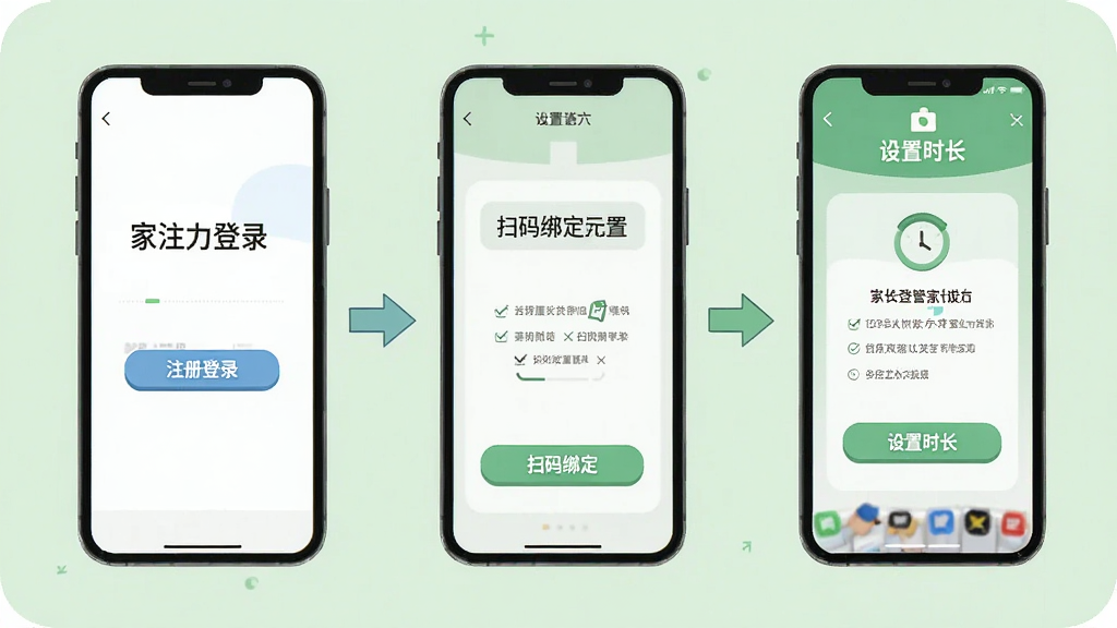家长管家使用步骤示意图,画面展示三部手机排列,分别显示注册登录、扫码绑定、设置时长三个操作界面,背景为浅绿色,布局为横向流程展示,风格为扁平化教程插画,细节包含箭头指引、手机边框、功能按钮,画质高清,干净无多余元素