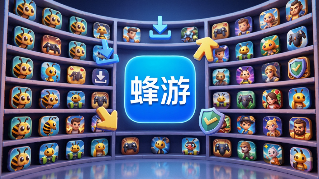 蜂游精海量游戏资源库场景,画面为虚拟的游戏展示墙,无数游戏图标整齐排列在架子上,架子呈弧形环绕,中心位置悬浮蜂游精的Logo,周围有下载箭头和盾牌安全图标,布局饱满有序,风格采用3D卡通渲染,色彩丰富明亮,细节清晰,画质高清,干净无杂乱