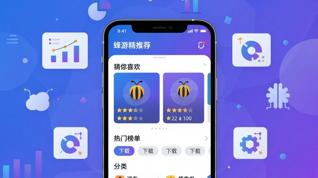 蜂游精智能推荐界面,画面为手机屏幕特写,屏幕中显示蜂游精的推荐页面,有猜你喜欢板块、热门榜单、分类标签,周围漂浮着数据分析和推荐算法的抽象符号,布局采用居中构图,风格为现代科技感扁平插画,配色以蓝紫渐变为主,细节包含星级评分和下载量数字,画质高清,干净整洁