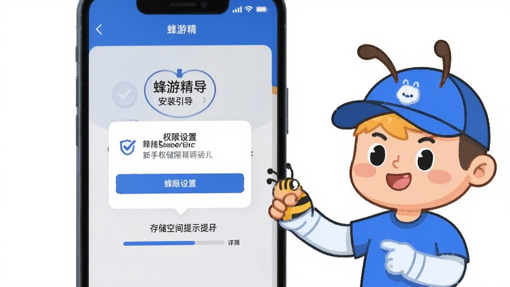 蜂游精新手操作引导画面,画面为手机屏幕,屏幕中显示蜂游精的安装引导步骤,有权限设置弹窗和存储空间提示,旁边有卡通风格的新手引导人物指着屏幕,布局简洁明了,风格为扁平化插画,配色以蓝白为主,细节包含勾选图标和进度条,画质高清,干净无多余元素