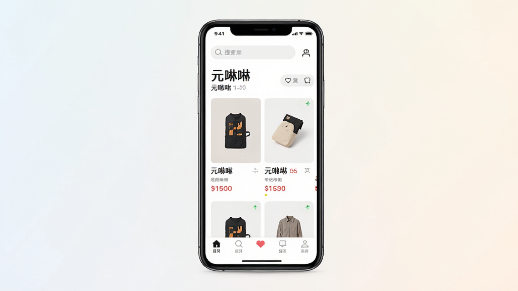 一张展示手机电商应用主界面的图片,画面中央是一部智能手机,屏幕上显示名为元唛唛的电商平台首页,包含商品卡片、底部导航栏和顶部搜索框,背景为浅色渐变,布局简洁清晰,风格现代简约,细节包括商品缩略图和价格标签,画质高清干净无多余元素