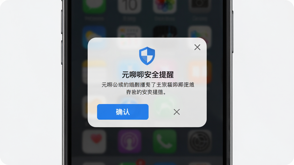 一张展示手机安全提醒界面的图片,手机屏幕中央弹出元唛唛安全提醒弹窗,弹窗内有盾牌图标和提醒文字,背景为深色半透明遮罩,风格简洁商务,细节包括确认按钮和关闭按钮,画质高清干净无多余元素