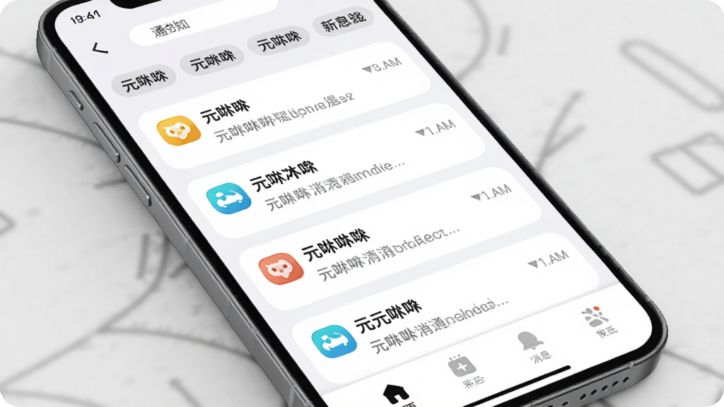 一部手机展示元唛唛消息通知中心页面,画面中有多条消息卡片按时间排列,每条消息带有图标、标题和简短摘要,顶部有分类标签,底部有导航栏,布局整齐,风格柔和圆角,细节清晰,画质高清干净,画面中文字为元唛唛