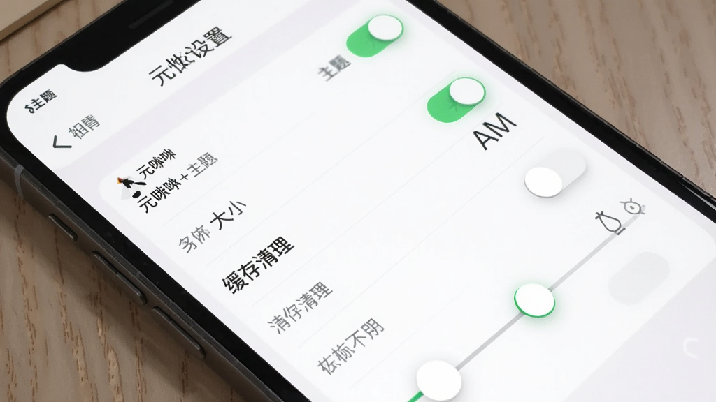 一张手机设置页面的图片,展示元唛唛应用的个性化设置界面,画面中有多个设置选项开关和滑块,包括主题、字体大小、缓存清理等,布局清晰,风格素雅极简,细节包括图标和文字标签,画质高清干净,画面中文字为元唛唛