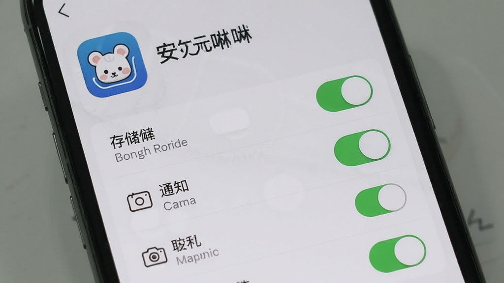 一张手机屏幕展示元唛唛应用安装完成后的权限设置页面,画面中有多个权限开关选项,包括存储、通知、相机等,顶部有应用图标和名称,布局清晰,风格浅灰质感,细节包括开关状态和文字说明,画质高清干净,画面中文字为元唛唛