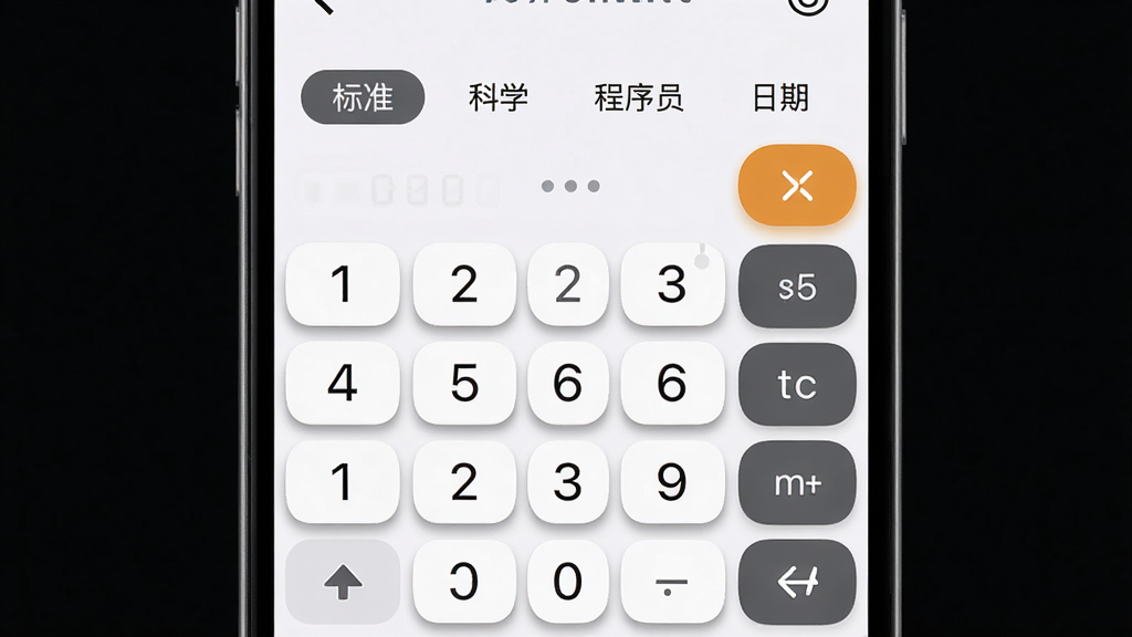 算计算器全算多模式切换界面展示图,画面中手机屏幕显示算计算器全算应用,屏幕上方有四个标签页分别标注标准、科学、程序员、日期,下方显示对应的数字键盘与函数按键,背景为白色,布局为上下结构,风格为极简科技感,细节包含按键阴影、高亮选中状态、清晰图标,画质高清,干净,无多余元素