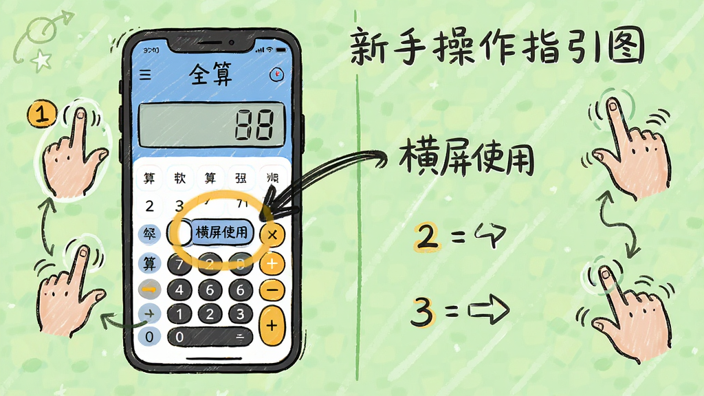 算计算器全算新手操作指引图,画面中手机屏幕显示算计算器全算应用,屏幕中央有箭头指向科学计算模式的横屏切换按钮,旁边有文字标注“横屏使用”,背景为浅绿色,布局为左右分栏,风格为手绘教程风,细节包含手势图标、高亮圈选、步骤序号,画质高清,干净,无多余元素