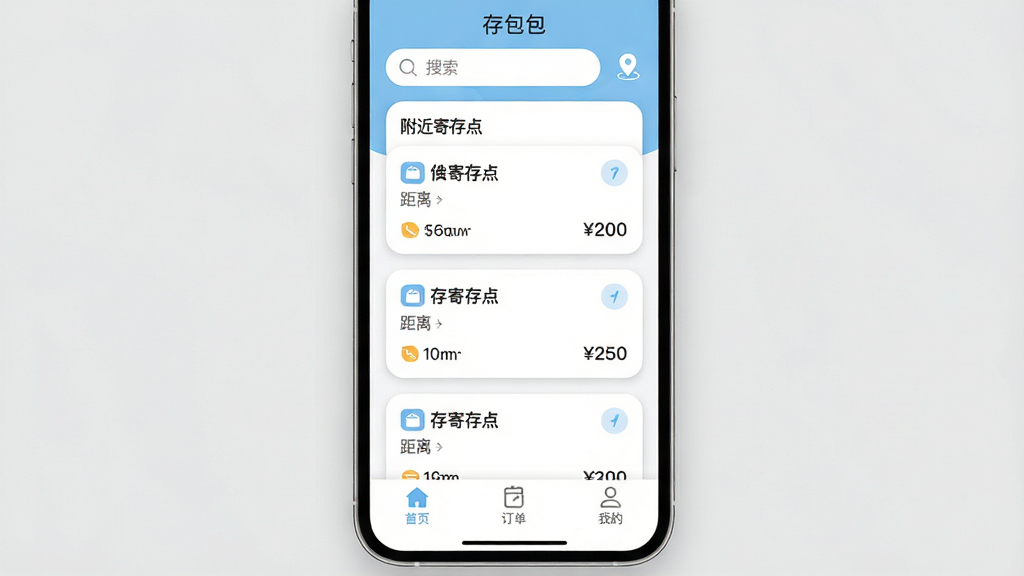 手机屏幕中央展示“存包包”应用主界面,界面以浅蓝色和白色为主色调,顶部显示搜索框和定位图标,中部为附近寄存点列表卡片,每张卡片带距离标签和价格信息,底部导航栏有首页、订单、我的三个图标,整体布局简洁清晰,风格为扁平化UI设计,细节包括圆角卡片、柔和阴影、简洁图标,画质高清,画面干净,无多余元素