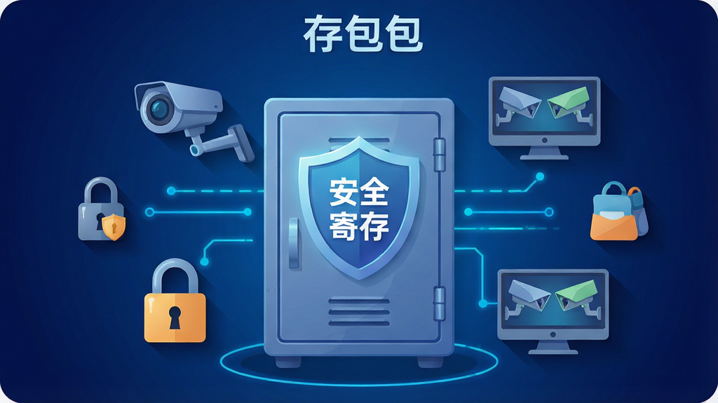 在“存包包”应用的安全保障界面,画面中央展示一个带有盾牌图标的储物柜,盾牌上写有“安全寄存”字样,周围环绕着摄像头、锁具、监控屏幕等安全元素图标,背景为深蓝色渐变,风格为科技感扁平插画,细节包括发光线条、图标阴影、层次分明的构图,画质高清,画面干净,无多余元素