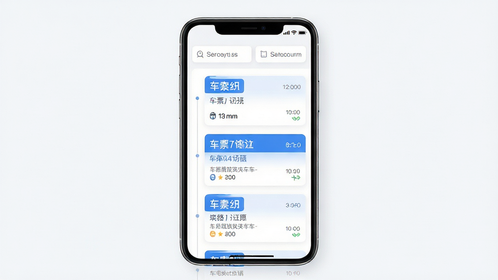 铁路高铁火车订票查 车次检索功能展示图,主体为手机屏幕内呈现车次列表,布局为顶部搜索条件栏加下方纵向车次卡片流,排版整齐有序,风格为清爽浅色系UI设计,细节包含蓝色高亮车次号、灰色辅助文字、时间轴图标,画质高清干净无多余元素