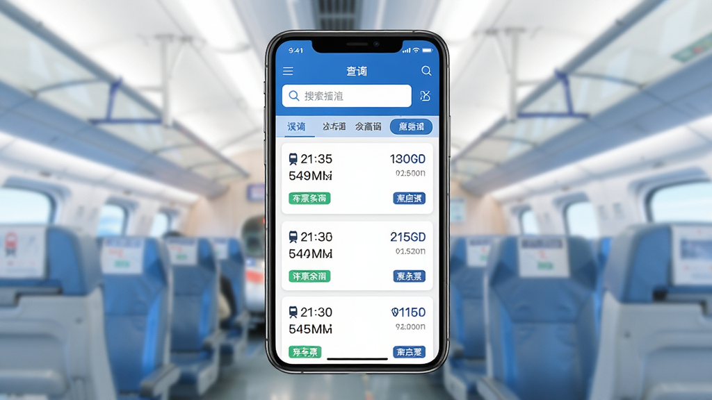 铁路高铁火车订票查 手机应用界面展示图,主体是一部智能手机居中放置,屏幕内显示火车票查询列表和车次信息,布局采用上下结构上方为搜索框下方为车次卡片,排版简洁整齐,风格为现代扁平化科技风,细节包含蓝色主色调、白色背景、车次时间与座位余票标签清晰可见,画质高清干净无多余元素