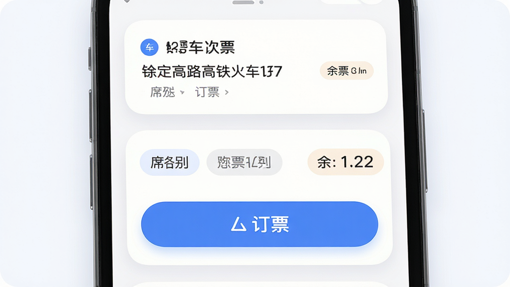 铁路高铁火车订票查 订票引导界面展示图,主体为手机屏幕内显示车次详情与订票按钮,布局为上方车次信息卡片下方操作按钮区域,排版层次分明,风格为柔和圆角卡片设计,细节包含蓝色订票按钮、席别选择标签、余票数字提示,画质高清干净无多余元素