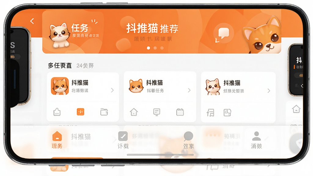 手机屏幕中展示“抖推猫”应用界面,界面布局包含顶部任务推荐横幅、中部任务卡片列表、底部导航栏,整体采用橙白配色,风格简洁现代,细节清晰,画质干净,无多余元素,适合作为软件下载站预览图