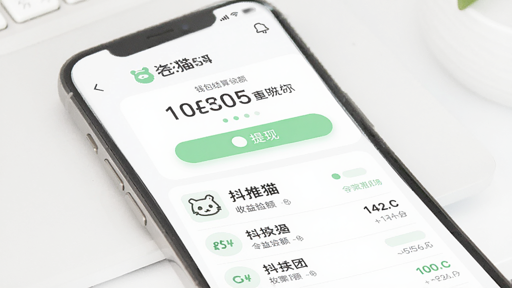为“抖推猫”设计一张收益结算页面示意图,画面中手机屏幕显示钱包余额数字与提现按钮,下方列表展示多笔收入记录,配色以白色和浅绿色为主,风格清新,排版整齐,画质干净,无多余元素