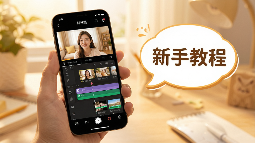 为“抖推猫”设计一张新手教学场景图,画面中一只手拿着手机,屏幕显示视频剪辑时间轴与素材库,旁边有“新手教程”文字气泡,整体风格温暖明亮,细节丰富,画质清晰,无多余元素