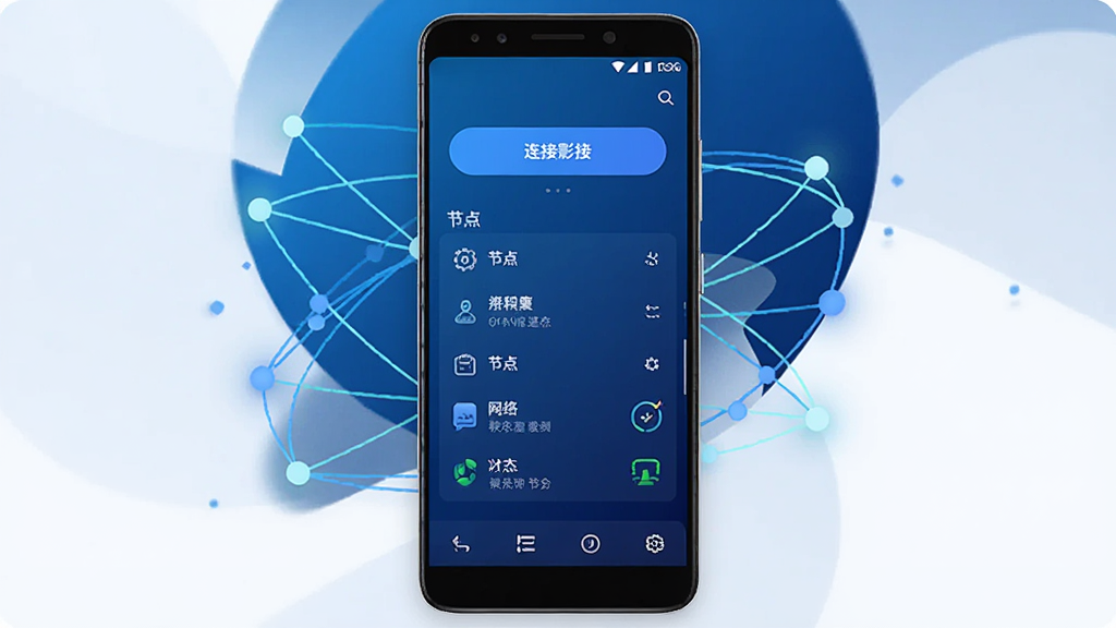 软件影梭主界面展示,画面中央放置一部安卓手机,手机屏幕上显示影梭应用的主界面,界面中包含连接按钮、节点列表与网络状态指示图标,背景为深蓝色科技感渐变,周围环绕发光的网络节点连线,整体风格简洁现代,细节清晰,画质干净,无多余元素