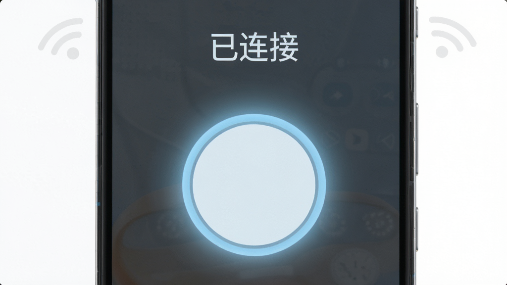 影梭一键连接功能示意图,画面中央展示一部安卓手机,手机屏幕上有一个圆形的大号连接按钮,按钮发出淡蓝色光晕,手机上方有