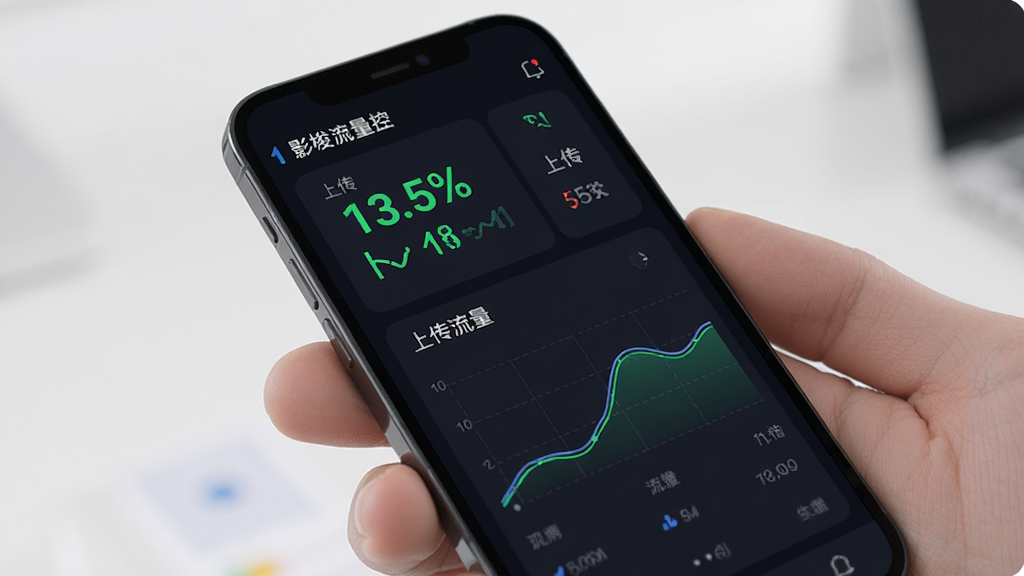 影梭流量监控功能界面图,手机屏幕显示上传与下载流量数值及曲线图,界面为深色主题,数字以亮色显示,背景简洁,画质清晰,无多余元素