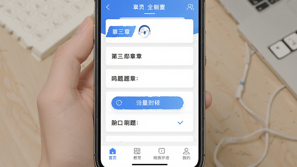 注册计量师鸣题库软件主界面全貌展示,主体为一部智能手机居中摆放,屏幕内呈现题库首页的章节列表与刷题入口,布局简洁清晰,排版采用上下分层结构,风格为现代教育类应用UI,细节包含蓝色主色调、白色卡片式模块、底部导航栏图标,画质高清,画面干净,无多余元素