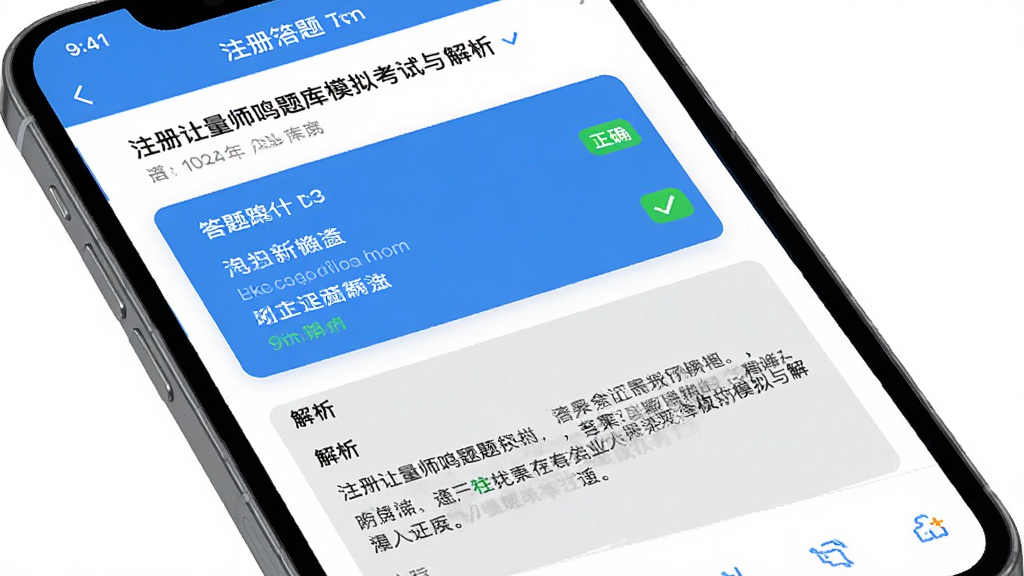 注册计量师鸣题库模拟考试与解析页面展示,主体为手机屏幕内呈现答题卡与解析文字,布局为上下结构,上方为题目下方为解析,风格为专业考试类应用界面,细节包含蓝色答题卡、绿色正确标记、灰色解析文本框,画质高清,画面干净,无多余元素