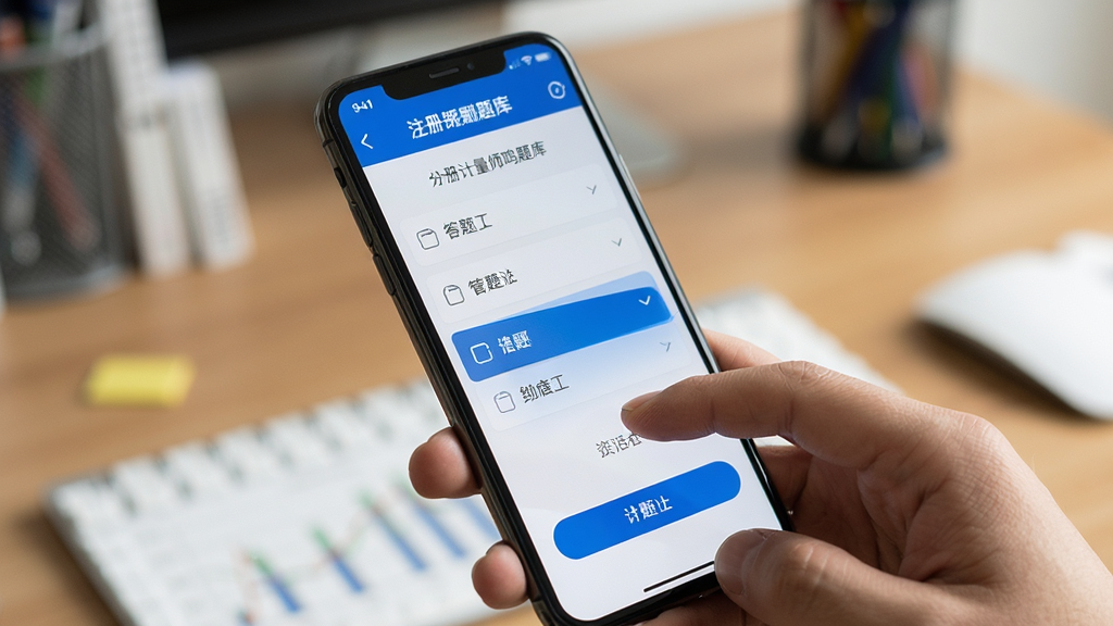 注册计量师鸣题库手机端刷题操作场景展示,主体为一只手握持手机,屏幕内显示答题界面与选项按钮,布局为手持视角特写,风格为真实使用场景摄影,细节包含手指点击选项、屏幕蓝色高亮选中效果、背景为模糊的书桌环境,画质清晰,画面干净,无多余元素