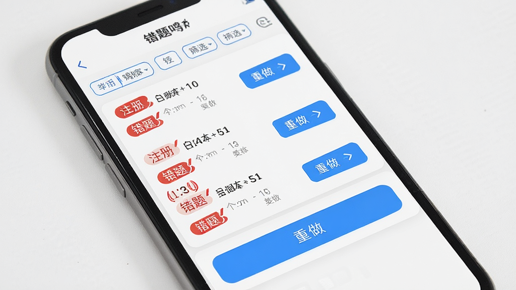 注册计量师鸣题库错题本功能界面展示,主体为手机屏幕特写,屏幕内呈现错题列表与重做按钮,布局采用垂直列表排版,风格为清爽学习类应用界面,细节包含红色标记的错题标签、蓝色重做按钮、顶部筛选栏,画质清晰,画面干净整洁,无多余元素