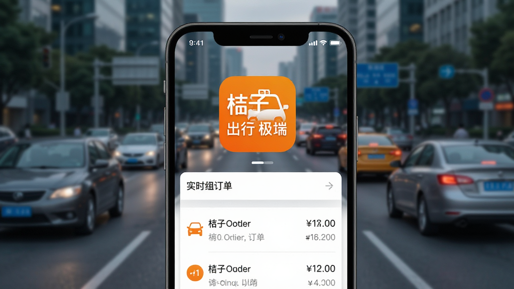 一张手机屏幕展示桔子出行司机端极速版主界面的图片,画面中央是醒目的桔子出行司机端极速版图标和实时订单列表,背景为城市道路与车辆,布局简洁,风格写实科技感,细节清晰显示订单距离和金额,画质高清,画面干净,无多余元素
