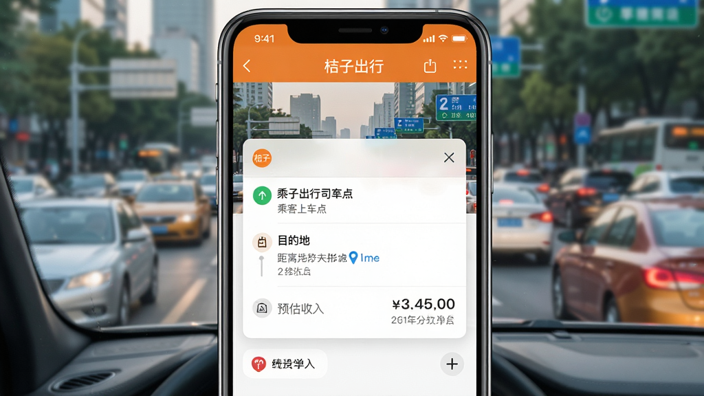 桔子出行司机端极速版订单推送界面,手机屏幕显示新订单弹窗,包含乘客上车点与目的地,背景为城市早高峰车流,风格明亮清晰,细节展示距离和预估收入,画质高清,画面干净,无多余元素