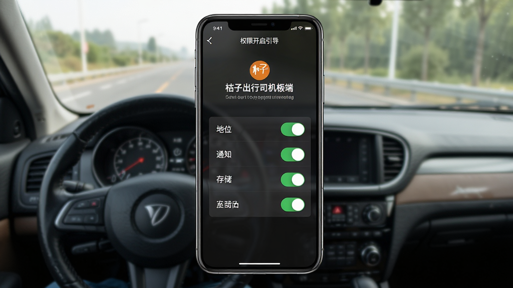 桔子出行司机端极速版新手设置界面,手机屏幕显示权限开启引导页,包含定位、通知、存储等开关,背景为驾驶座视角,风格写实清晰,细节展示按钮状态,画质高清,画面干净,无多余元素