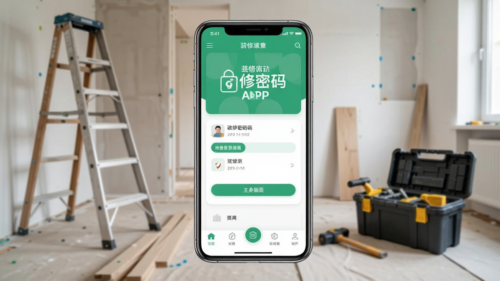 软件主界面展示,画面中央是一部智能手机,屏幕上显示装修密码APP的首页,背景是正在装修的房间,有梯子和工具箱,风格写实,画质清晰,干净无多余元素