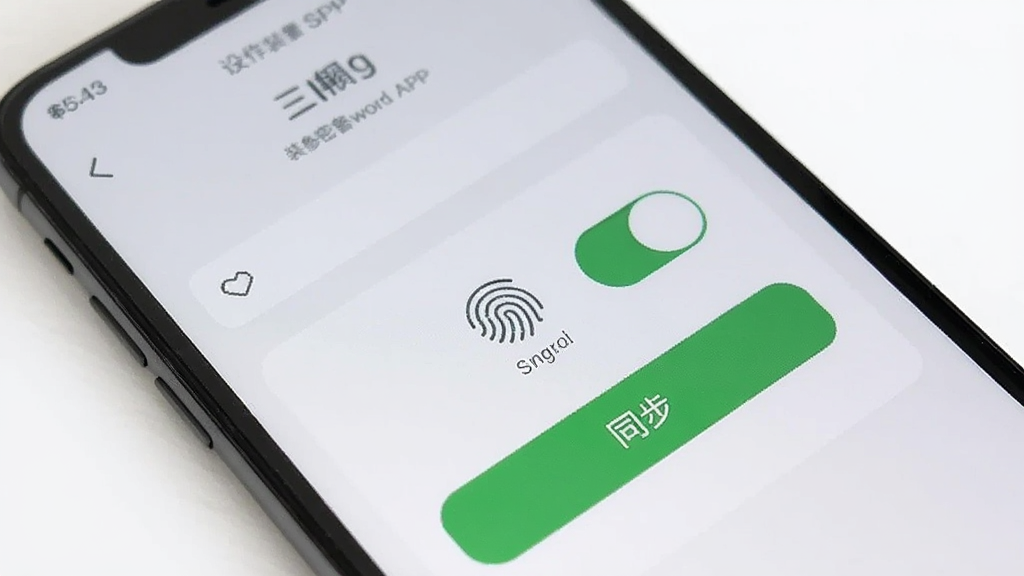 手机屏幕显示装修密码APP的设置页面,有指纹解锁开关和同步按钮,背景是干净的白色桌面,风格极简,画质清晰