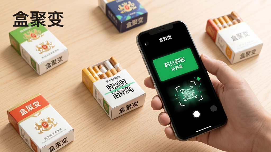 盒聚变扫码回收功能展示图,一部手机对准一个烟盒进行扫码操作,手机屏幕显示扫描成功的绿色提示框和积分到账动画,周围散落几个不同品牌的烟盒,背景为浅色木质桌面,风格写实明亮,画面中标注“盒聚变”文字,画质干净清晰,无多余装饰元素