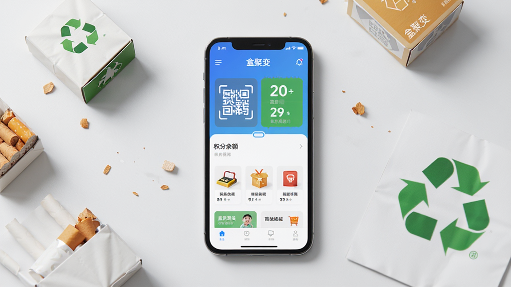 盒聚变软件主界面展示图,画面中央放置一部智能手机,手机屏幕上显示盒聚变APP的首页界面,包含扫码入口、积分余额、商城推荐等模块,背景为干净的浅灰色桌面,周围点缀几个烟盒和环保回收标志,整体风格清新简约,画质清晰明亮,文字标注“盒聚变”,无多余元素