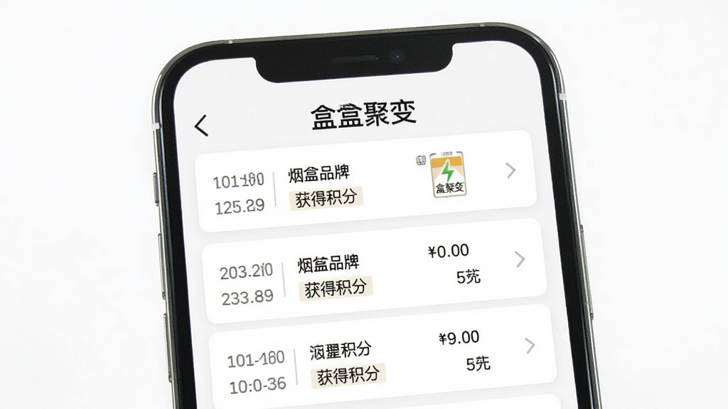 盒聚变回收记录页面展示图,手机屏幕显示回收记录列表,每条记录包含时间、烟盒品牌、获得积分等信息,界面排版整齐清晰,背景为白色,风格简洁商务,画面中标注“盒聚变”文字,画质清晰锐利,无多余元素