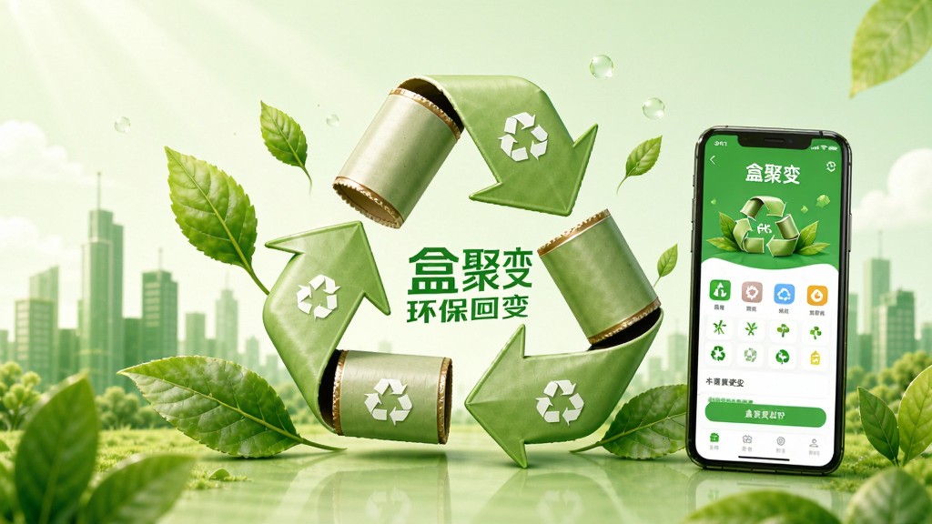 盒聚变环保回收理念宣传图,画面以绿色为主色调,中央展示一个由烟盒拼成的循环回收标志,周围环绕绿叶和城市剪影,手机屏幕显示盒聚变APP界面,风格清新自然,画面中标注“盒聚变”文字,画质明亮干净,无多余装饰