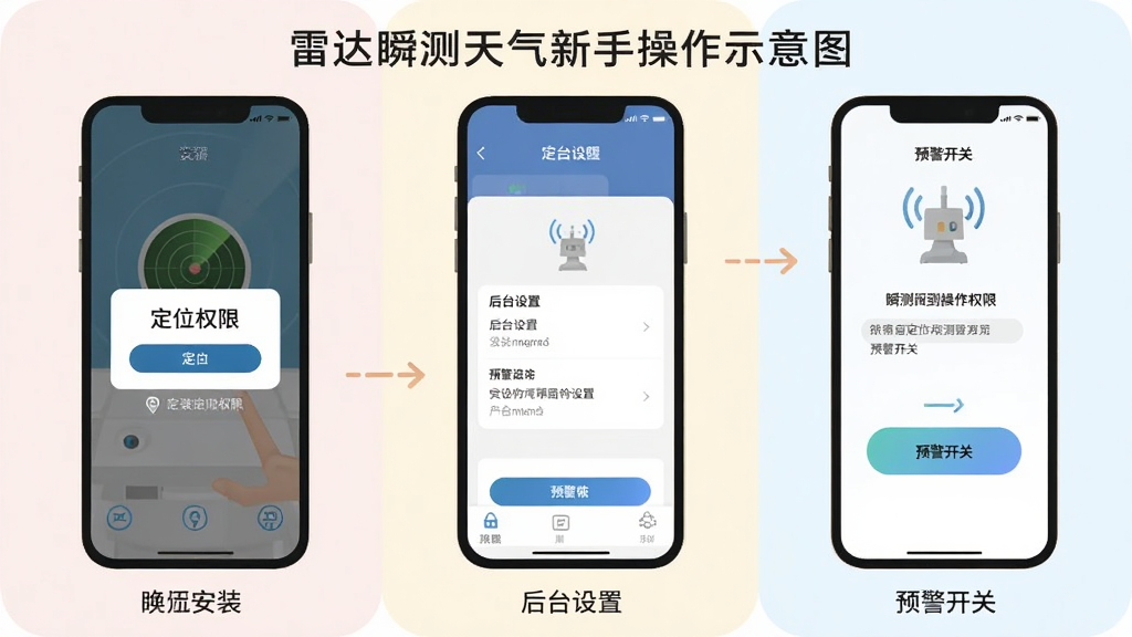 雷达瞬测天气新手操作示意图,画面展示手机屏幕从安装到设置权限的步骤分解,包含定位权限弹窗、后台设置界面、预警开关按钮,风格为扁平化教程图解,色彩柔和,排版清晰,画质干净,无多余元素