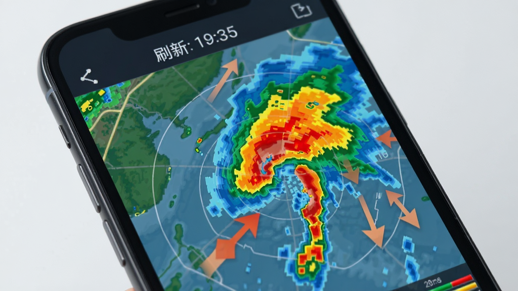 雷达瞬测天气核心功能展示,画面为手机屏幕特写,屏幕显示动态雷达回波图,红黄色块代表强降水区域,有箭头指示移动方向,屏幕上方显示刷新时间,风格为扁平化科技风,色彩对比鲜明,画质清晰,干净无杂乱元素