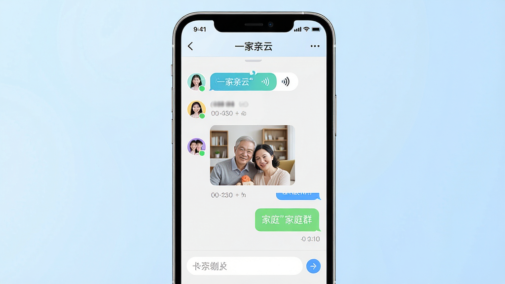 一家亲云家庭专属空间界面,画面中央是手机屏幕,显示一个家庭群聊窗口,顶部有家庭名称“一家亲云”,聊天区域有语音条、图片、文字气泡,背景是柔和浅蓝色渐变,布局简洁,风格清新现代,细节包含成员头像、时间戳、输入框,画质高清,干净,无多余元素,图片中文字加引号“一家亲云”“家庭群”