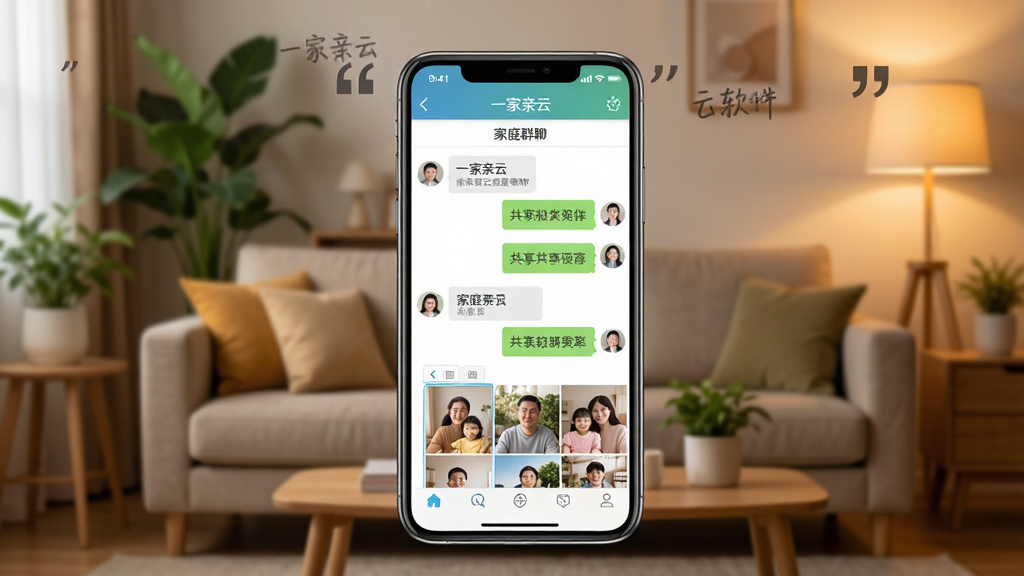 一家亲云软件主界面展示图,画面中央放置一部智能手机,屏幕显示家庭群聊与共享相册界面,背景是温暖的家居客厅,沙发、绿植、暖色灯光,布局采用居中构图,风格温馨写实,细节包含聊天气泡、相册缩略图、家庭成员头像,画质高清,干净,无多余元素,图片中文字加引号“一家亲云”“家庭群聊”